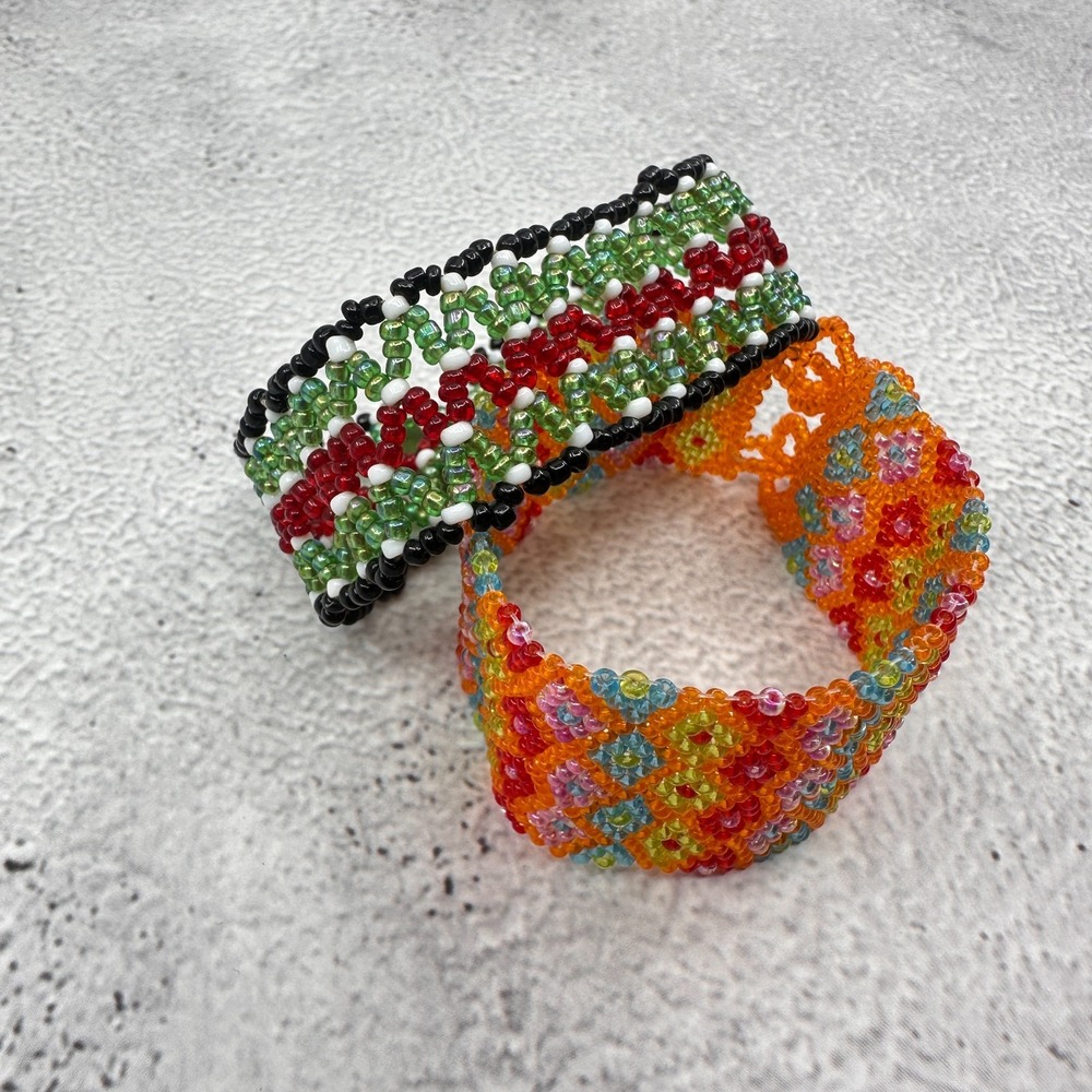 Set of 2 Woven Seed Bead Bracelets Multicolor Boho Festival Statement Vintage